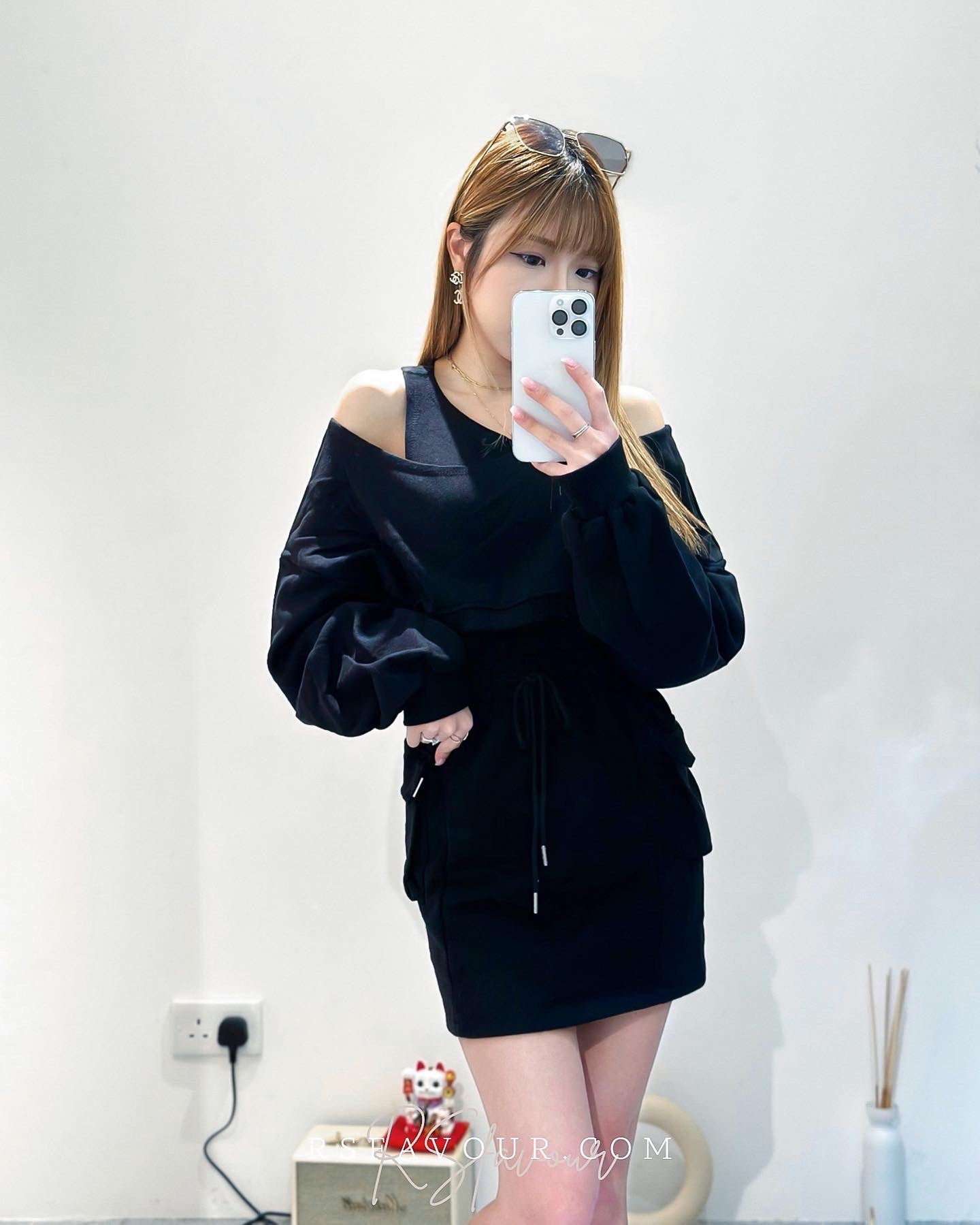 (KR) 假兩件露設計感肩衛衣+高腰綿裙套裝|兩色入