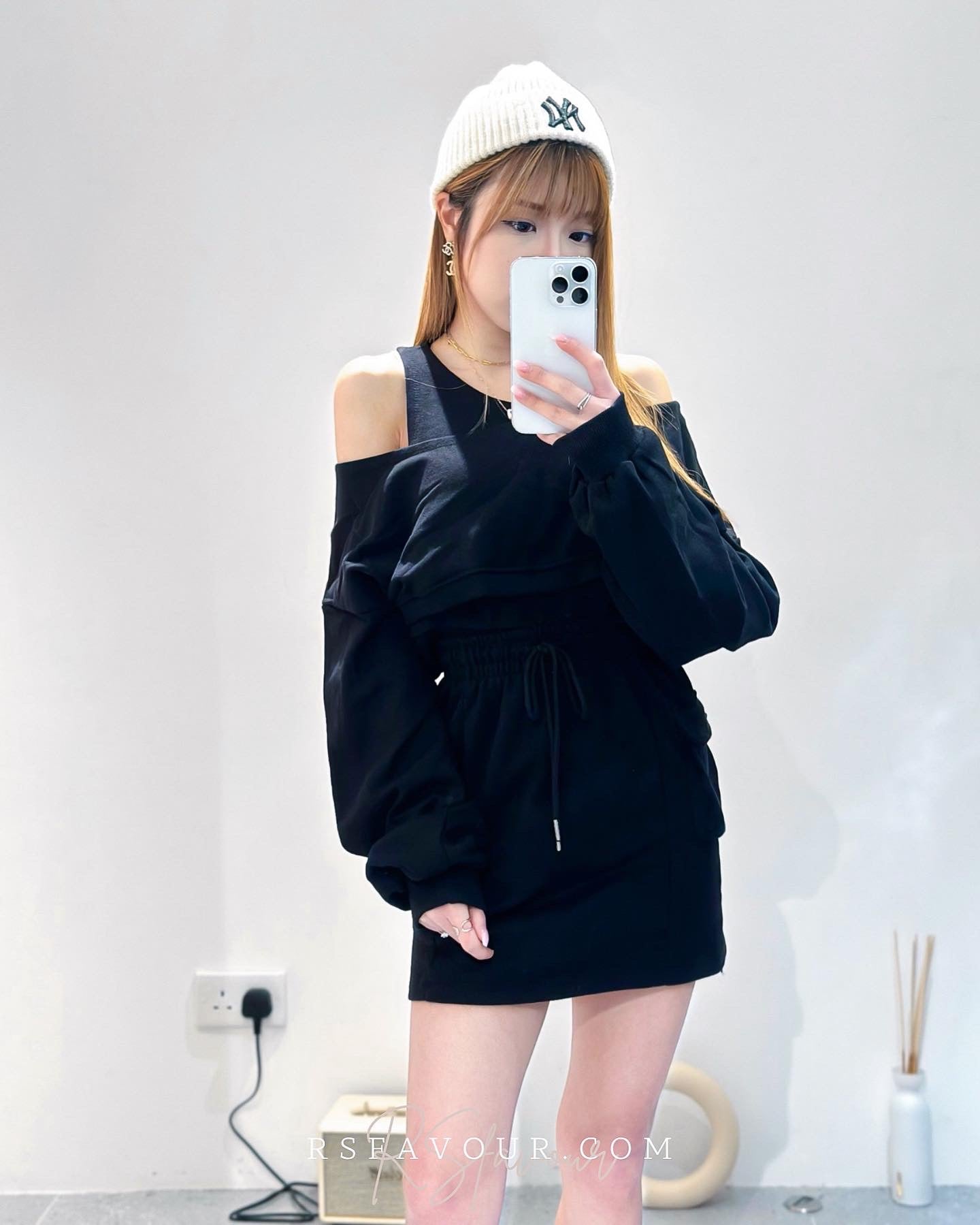 (KR) 假兩件露設計感肩衛衣+高腰綿裙套裝|兩色入