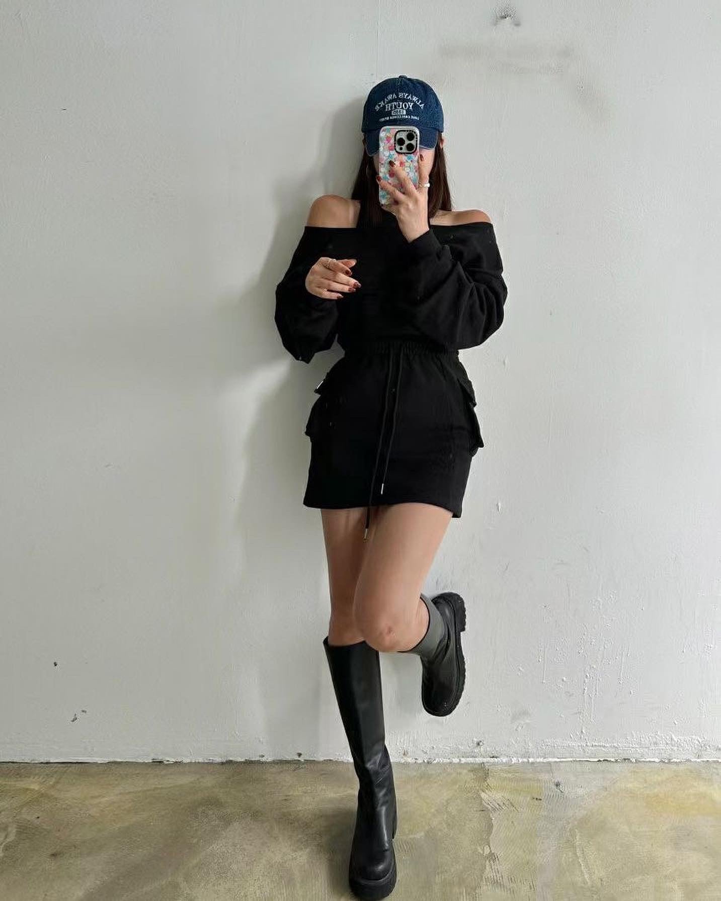 (KR) 假兩件露設計感肩衛衣+高腰綿裙套裝|兩色入