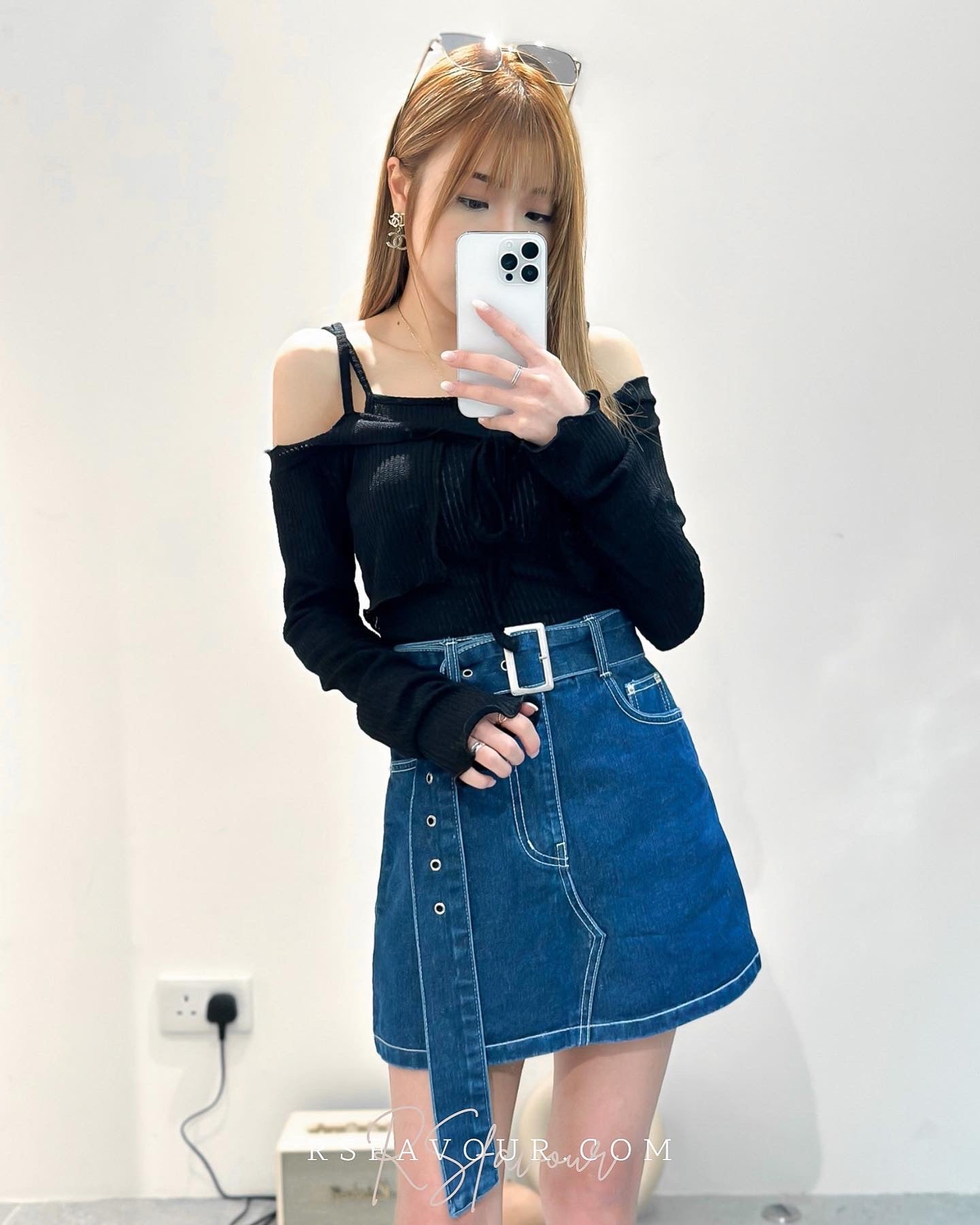 (KR) 連belt明線牛仔褲裙|海水藍