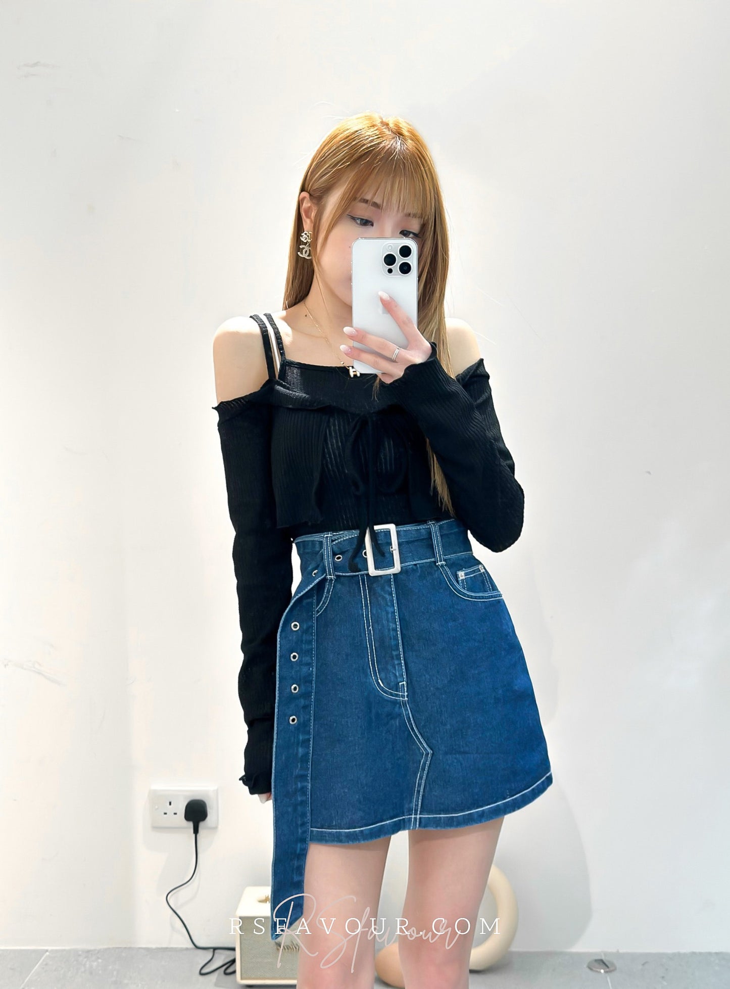 (KR) 連belt明線牛仔褲裙|海水藍