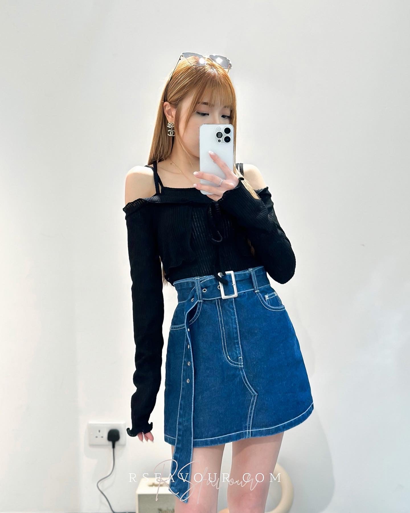 (KR) 連belt明線牛仔褲裙|海水藍