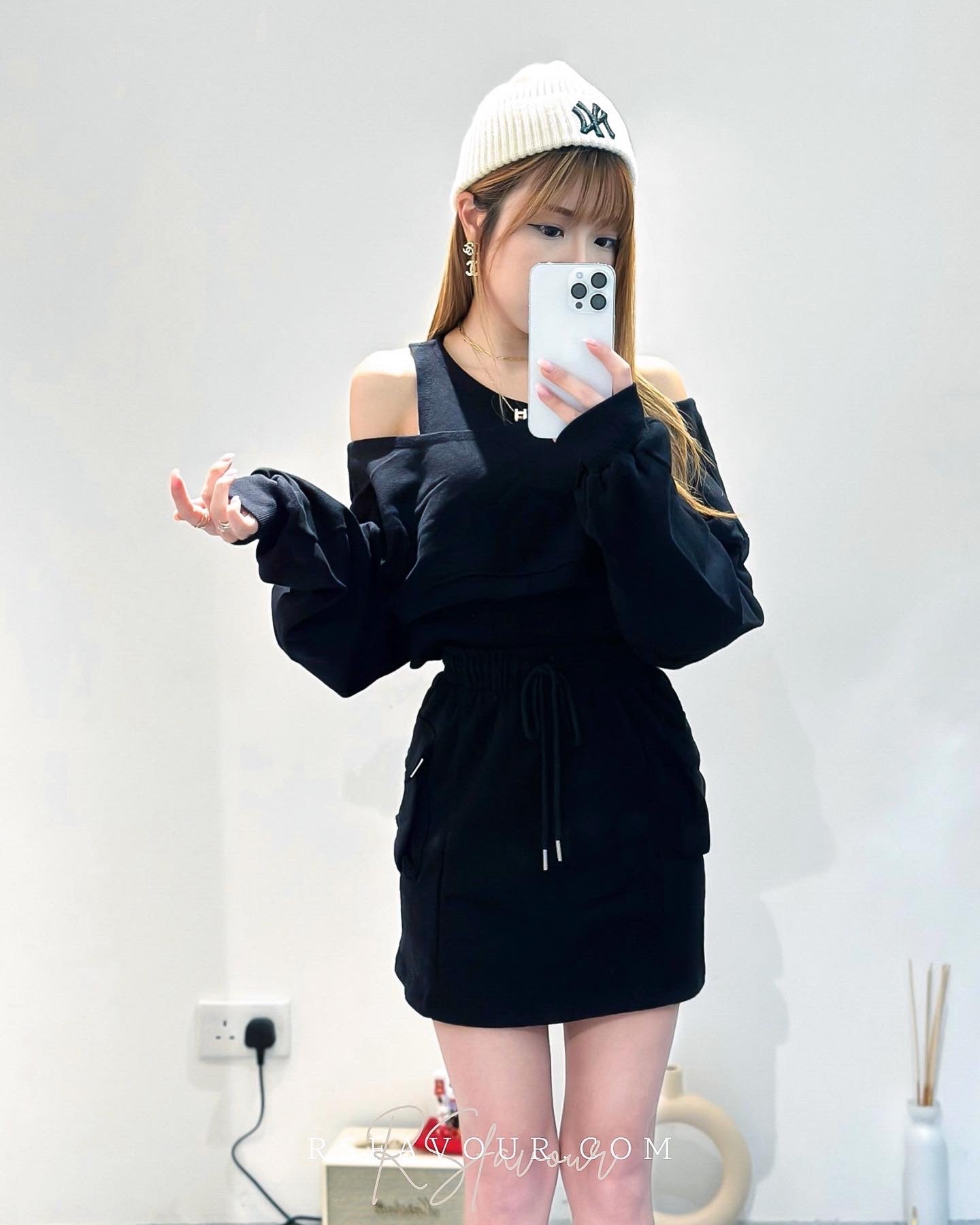 (KR) 假兩件露設計感肩衛衣+高腰綿裙套裝|兩色入