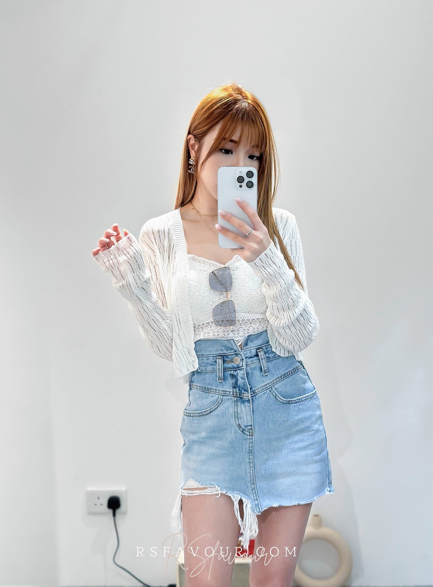 (KR) 前V高腰牛仔短裙|洗水藍