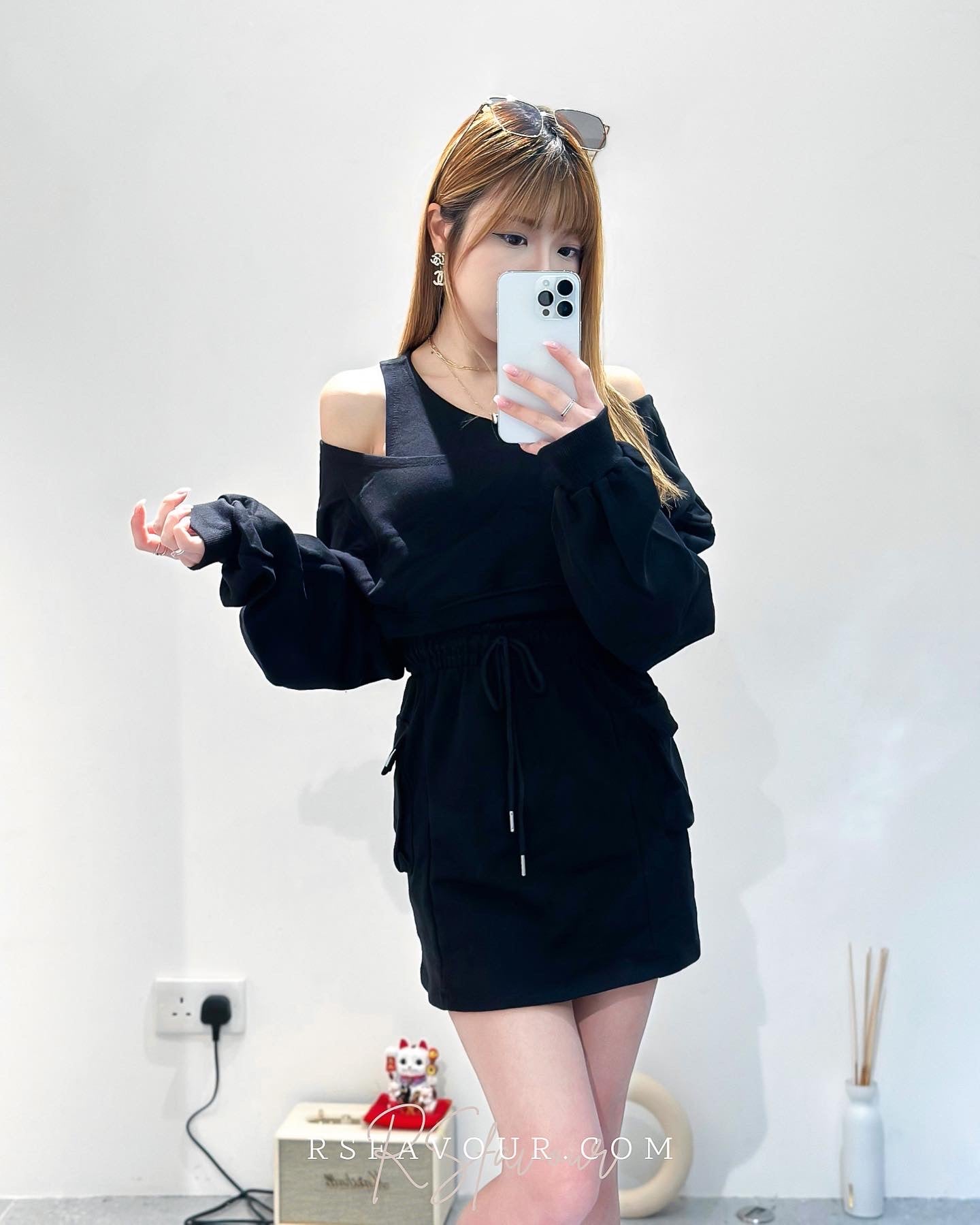 (KR) 假兩件露設計感肩衛衣+高腰綿裙套裝|兩色入