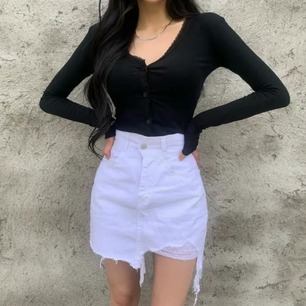 (KR) 闊邊高腰微包臂牛仔裙|三色入