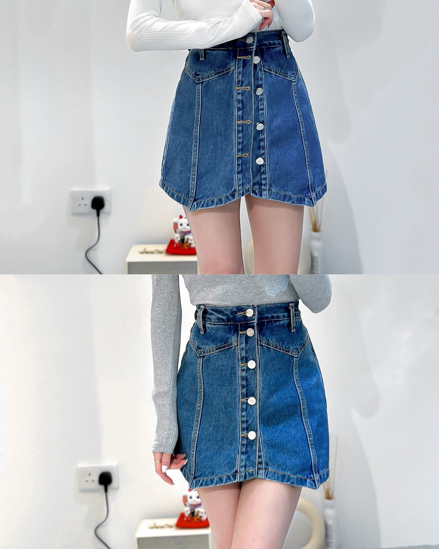 (KR) 直鈕車線高腰牛仔裙褲