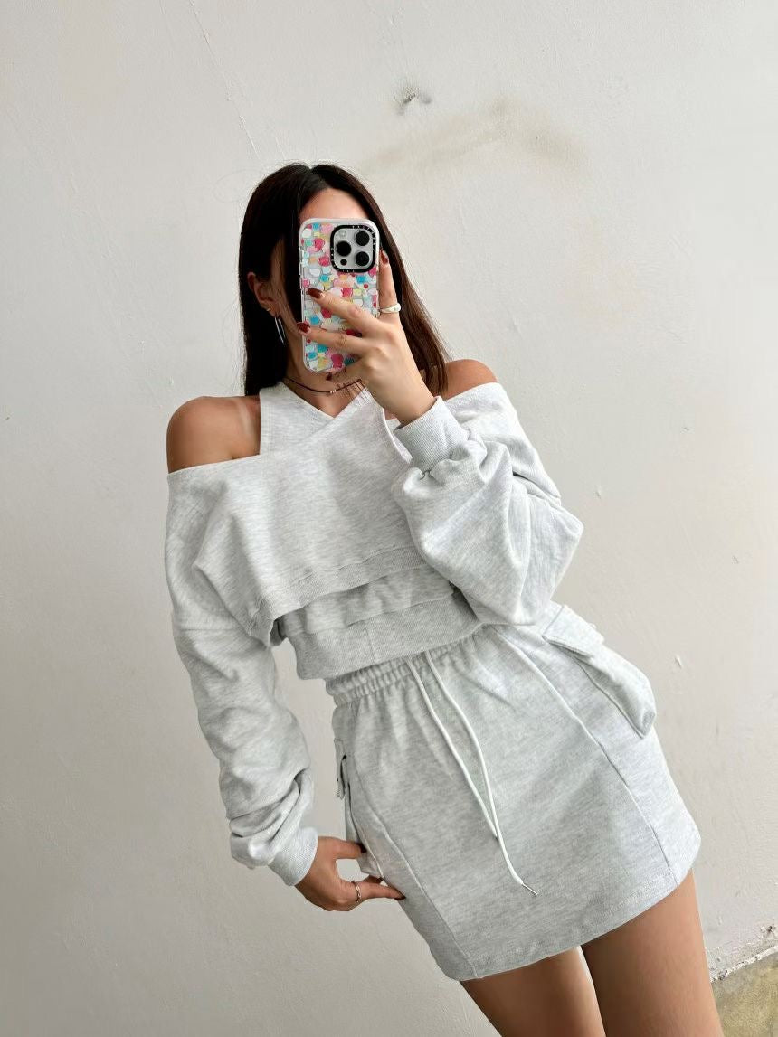 (KR) 假兩件露設計感肩衛衣+高腰綿裙套裝|兩色入