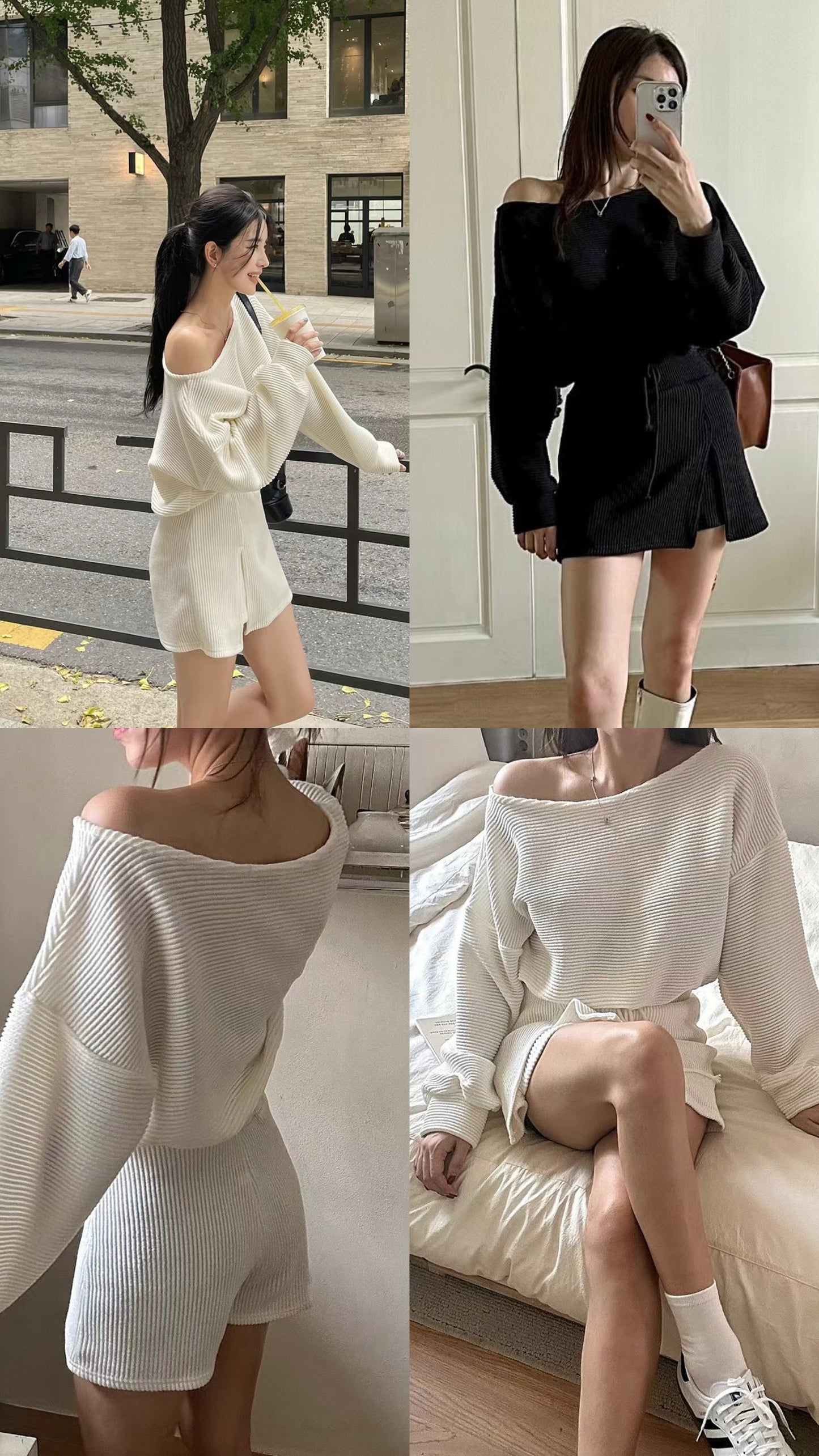 (KR) 跌肩束腰上衣開叉裙褲兩件套|兩色入