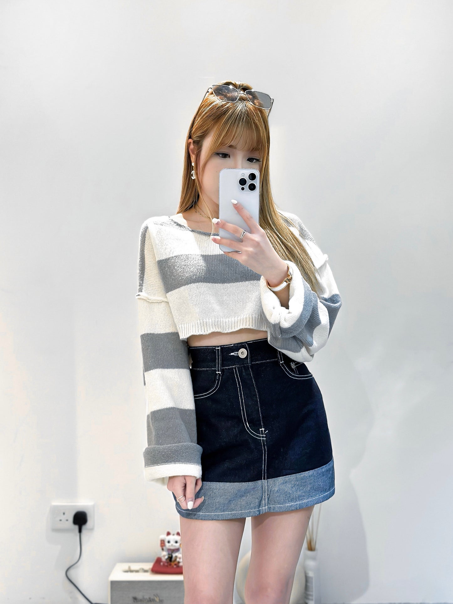 (KR) 間條短身針織上衣|三色入