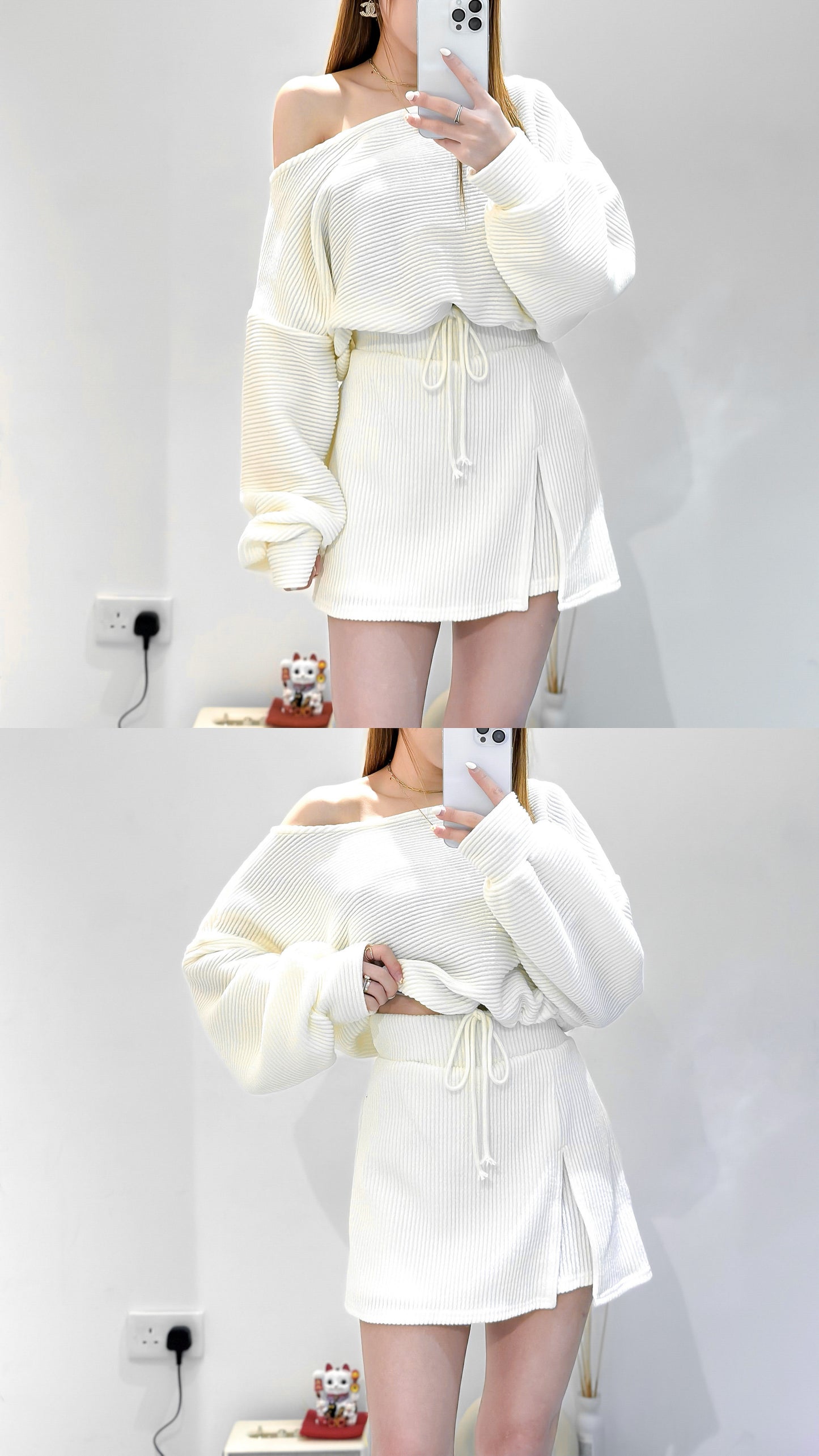 (KR) 跌肩束腰上衣開叉裙褲兩件套|兩色入