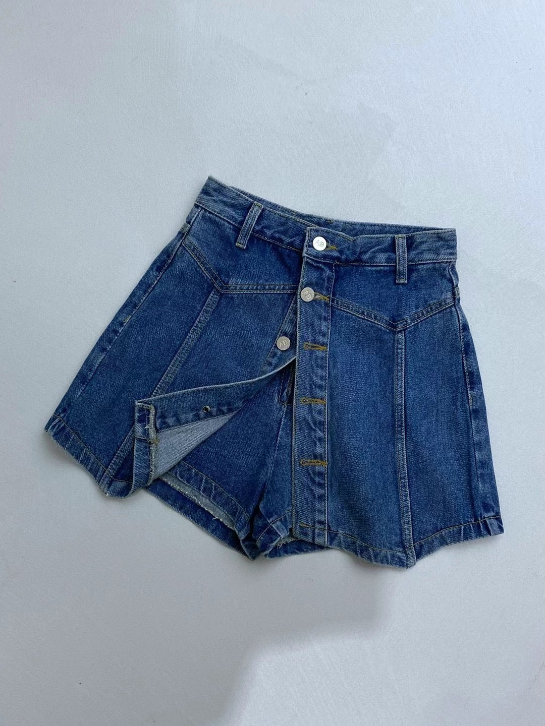 (KR) 直鈕車線高腰牛仔裙褲