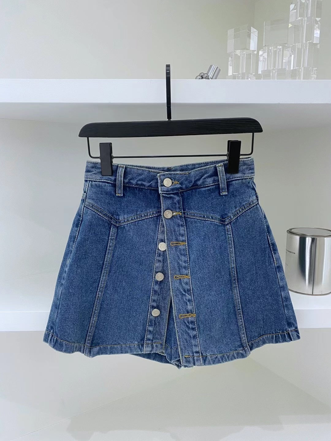 (KR) 直鈕車線高腰牛仔裙褲