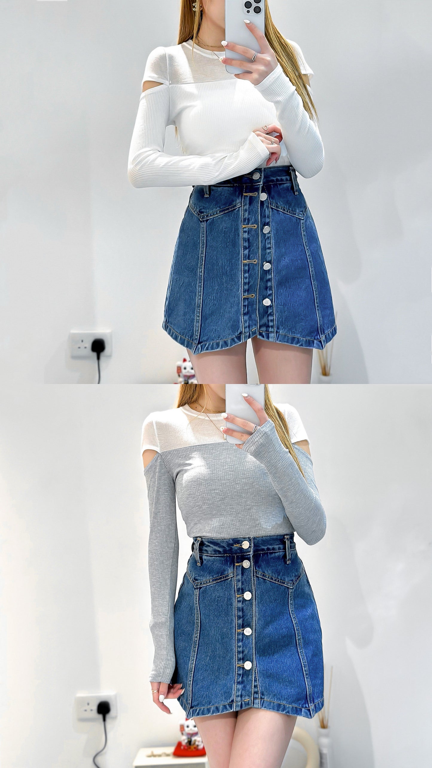 (KR) 直鈕車線高腰牛仔裙褲