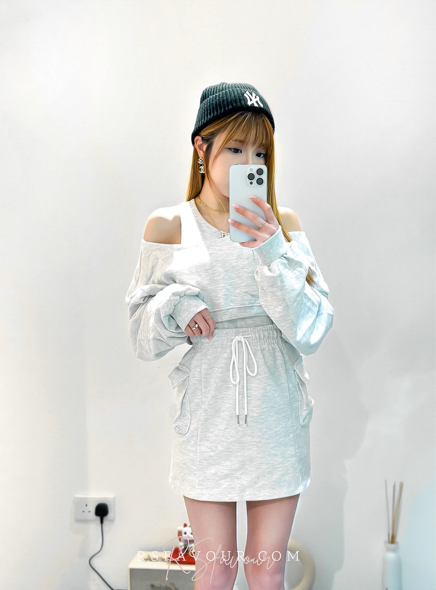 (KR) 假兩件露設計感肩衛衣+高腰綿裙套裝|兩色入