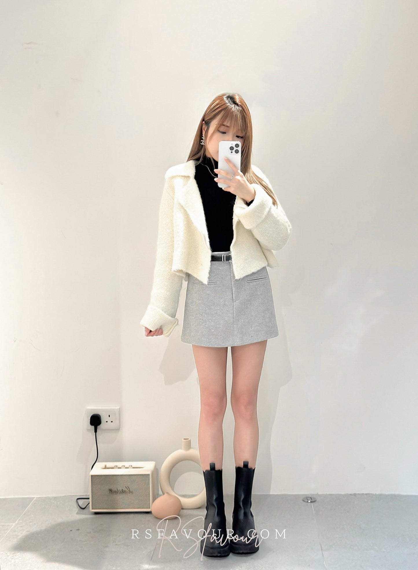 (KR) 珠冷軟綿綿反領短外套|象牙白