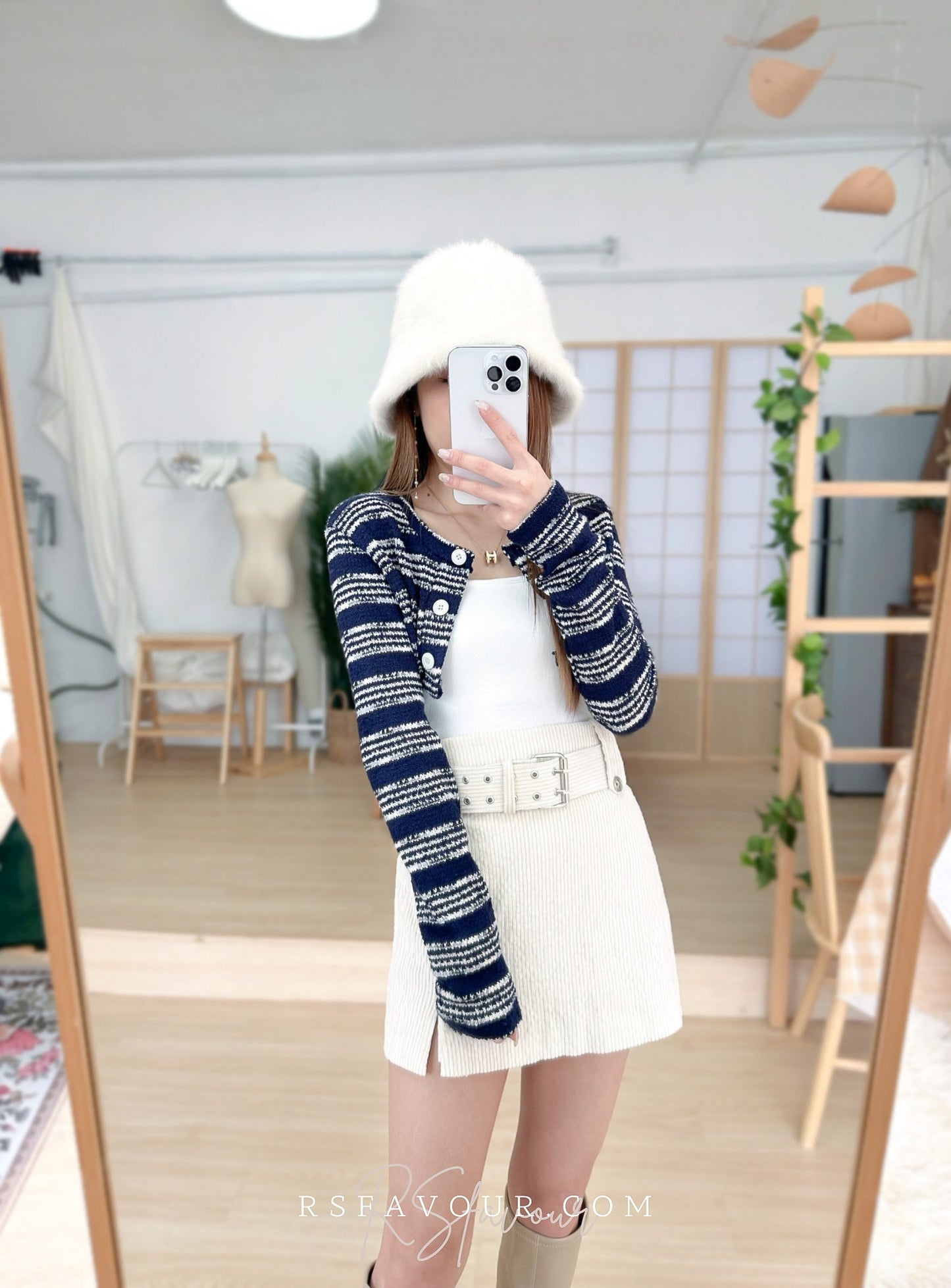 (KR) 橫間針織短外套|深藍色