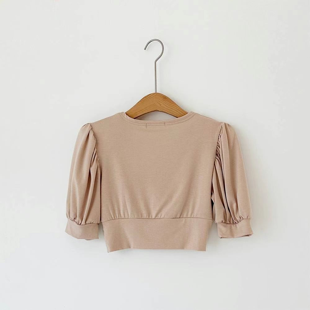 (KR) 小泡袖V領修腰上衣|三色入