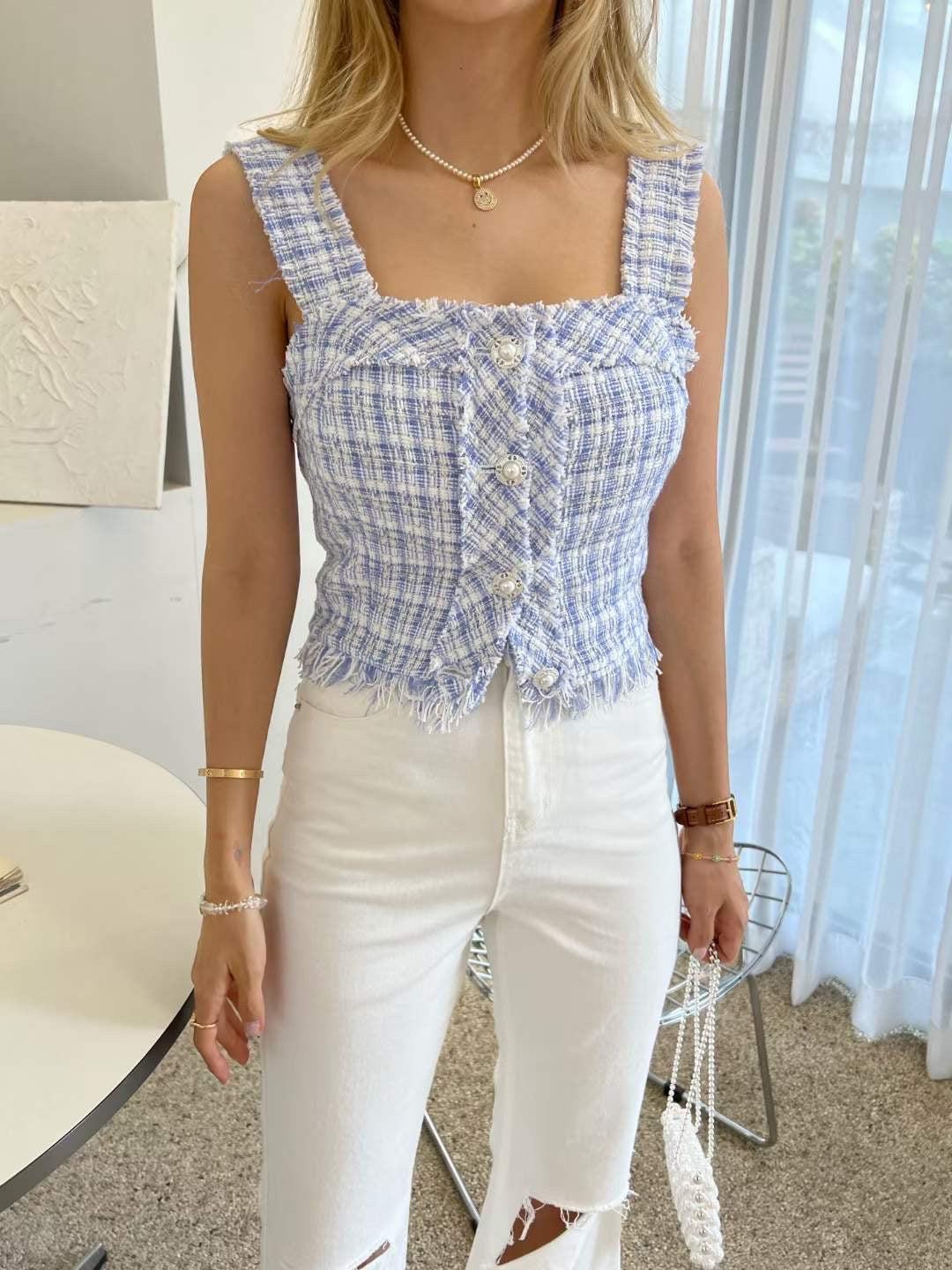 T12 Tweet小香風珍珠鈕背心( 藍/白 )