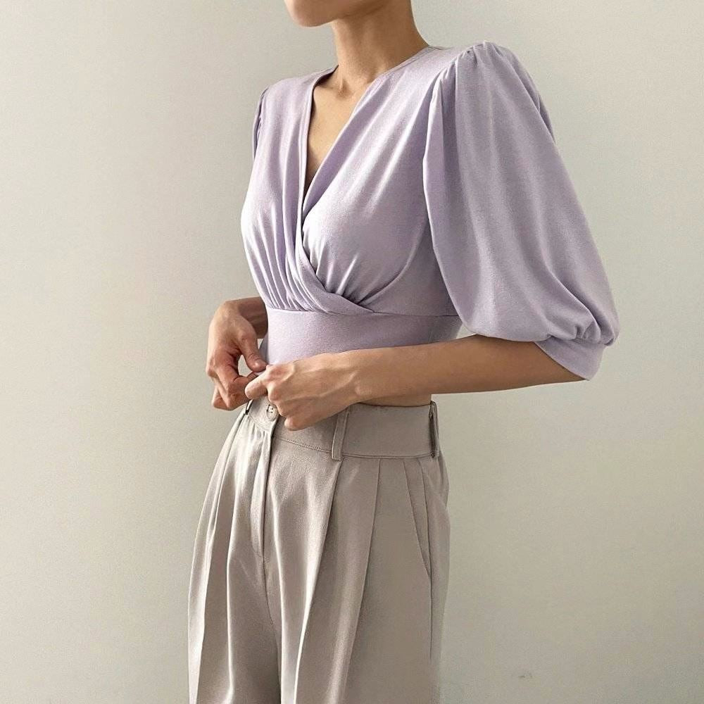 (KR) 小泡袖V領修腰上衣|三色入