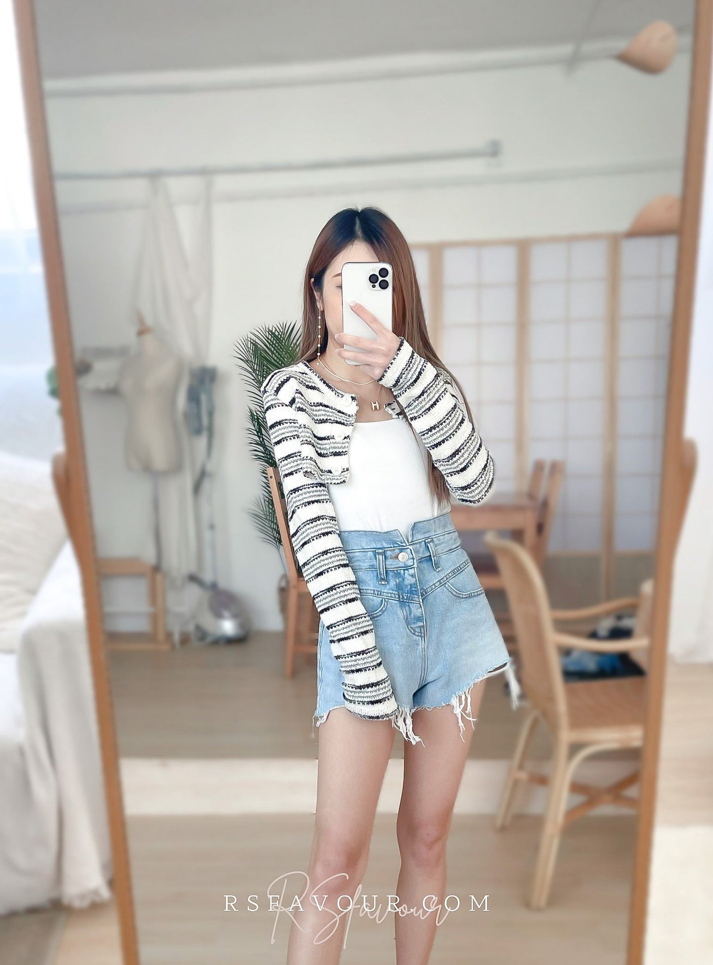 (KR) 橫間針織短外套|冰川白