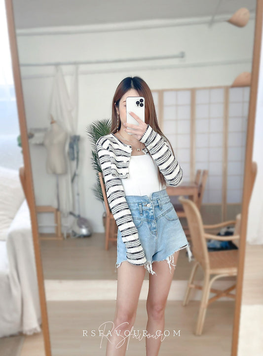 (KR) 橫間針織短外套|冰川白