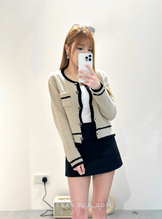 (KR) 毛巾料拼色小香風套|灰調啡