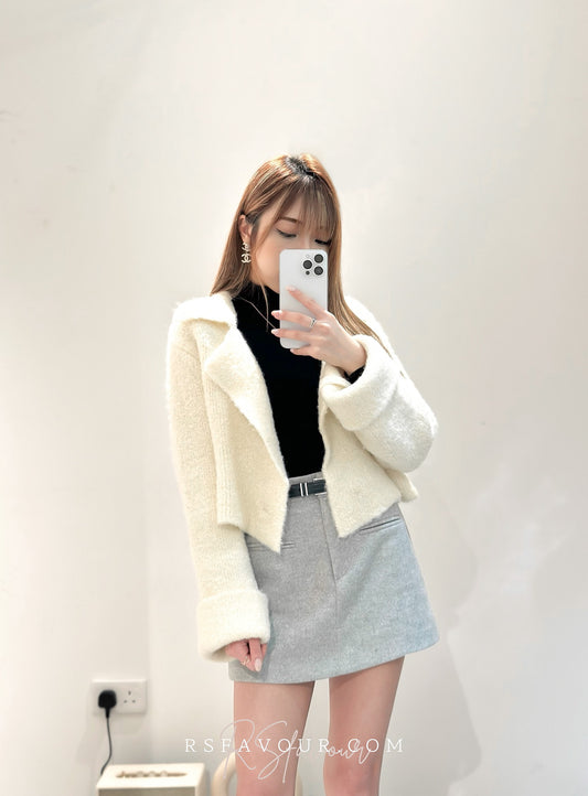 (KR) 珠冷軟綿綿反領短外套|象牙白