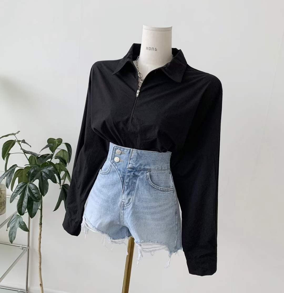 T07 裇衫料速腰上衣( 黑/白 )