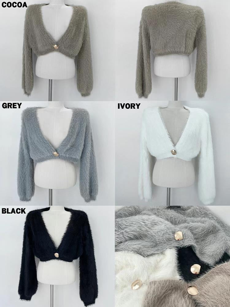 (KR) 超滑身垂感毛毛拼金鈕短外套|四色入