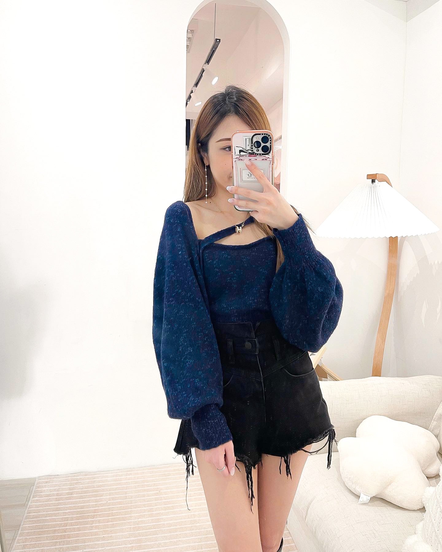 T32 混冷吊帶背心+泡泡袖斜帶JK套裝 ( 藍 )