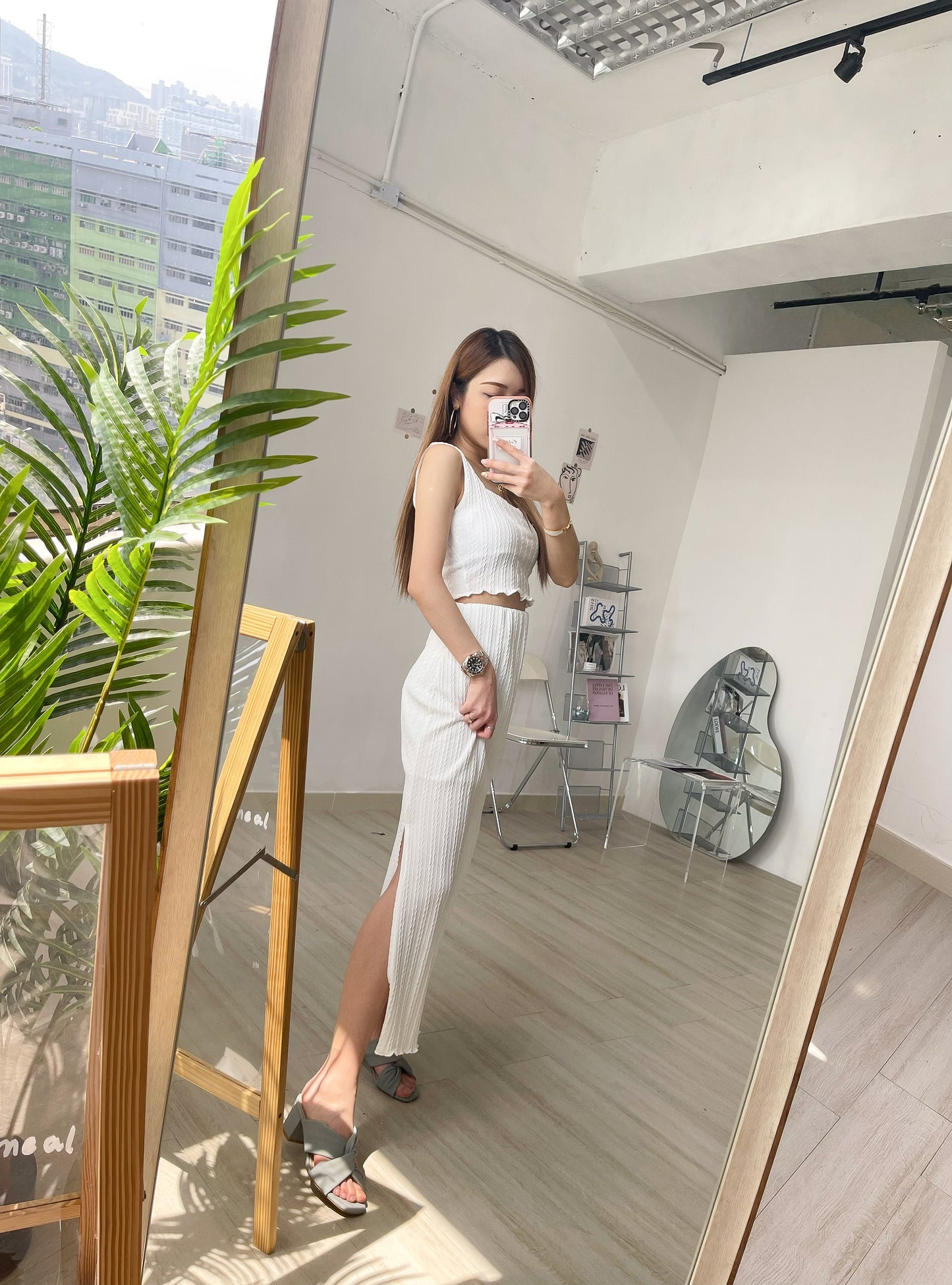 P03 暗扭紋方領背心+半截長裙套裝|兩色入