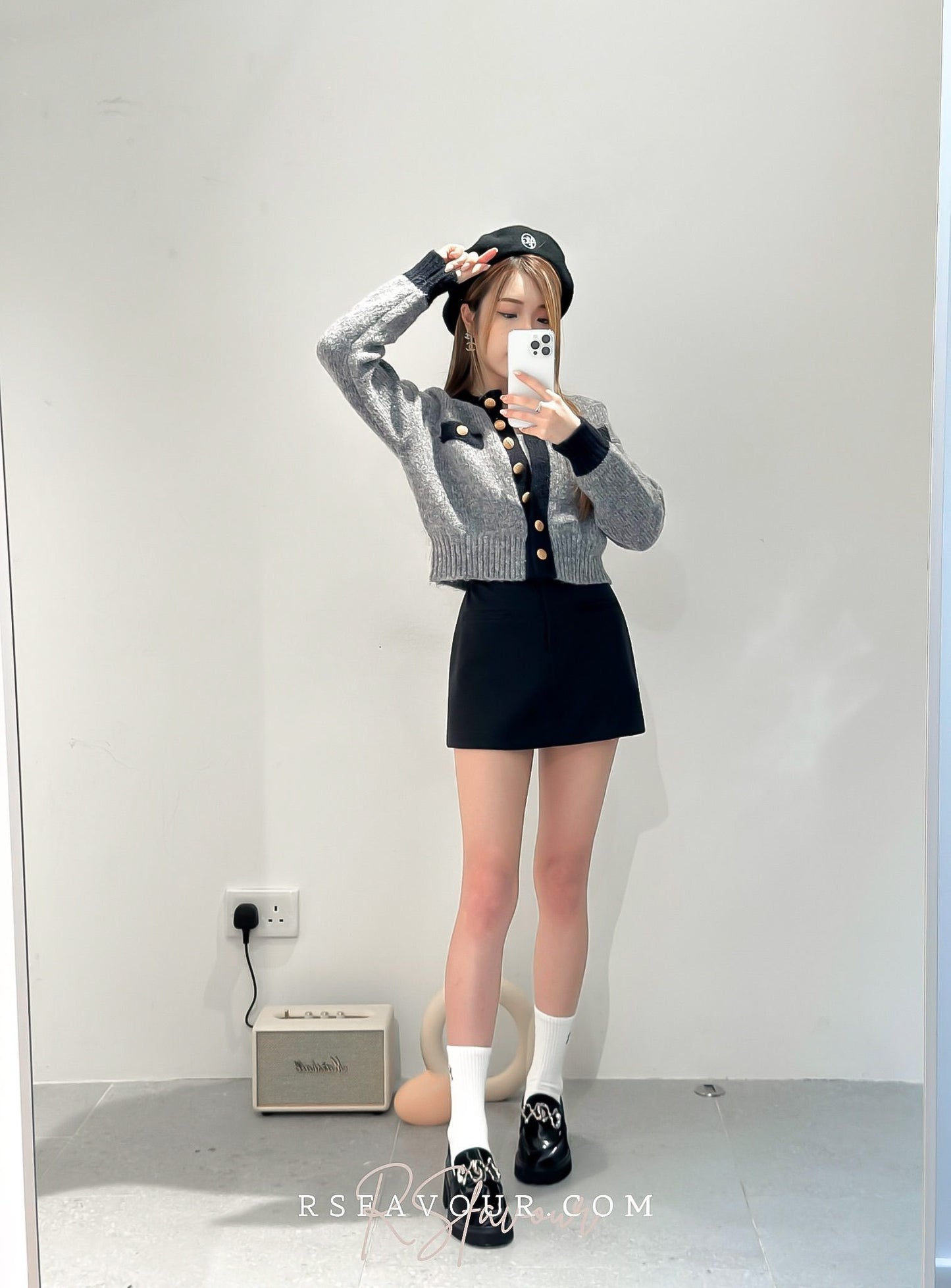 (KR) 拼色金鈕冷外套|霧灰色