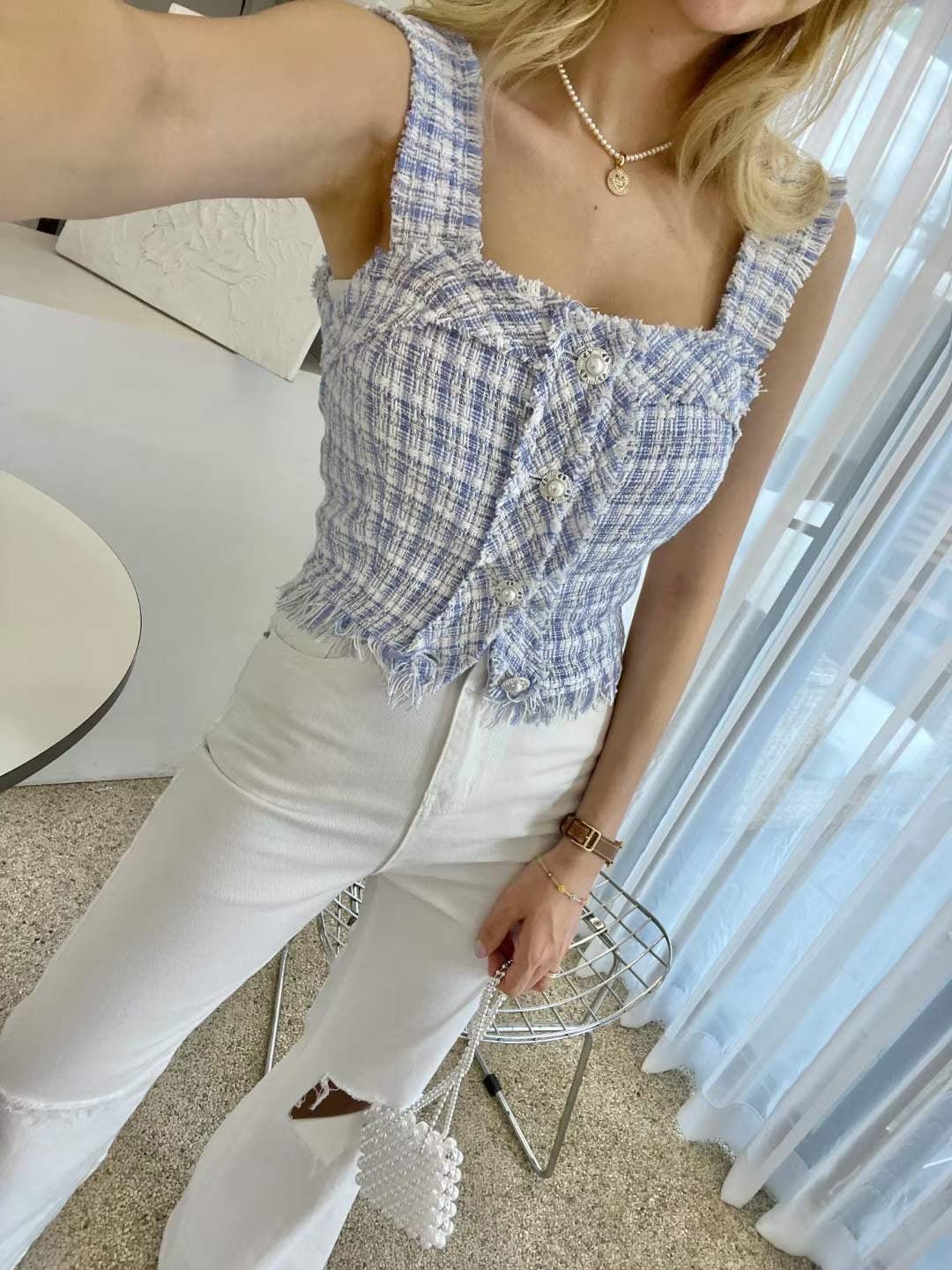 T12 Tweet小香風珍珠鈕背心( 藍/白 )