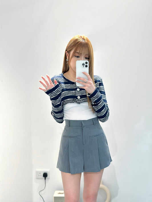 (KR) 橫間針織短外套|深藍色