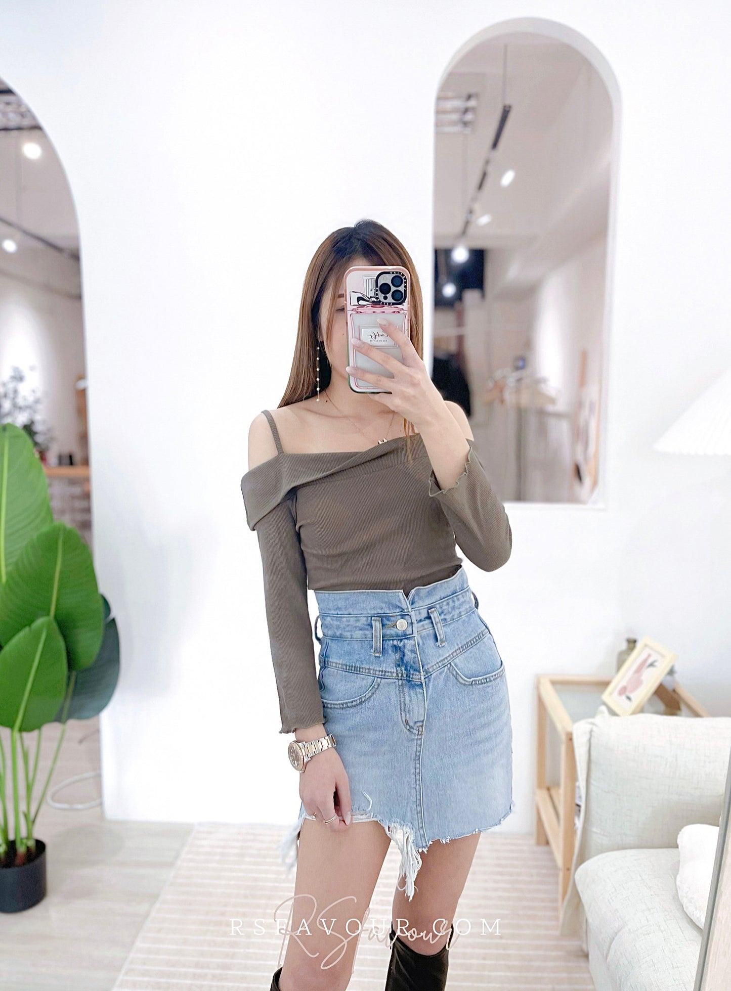 T38 反領一字肩綿質上衣( 灰綠 )