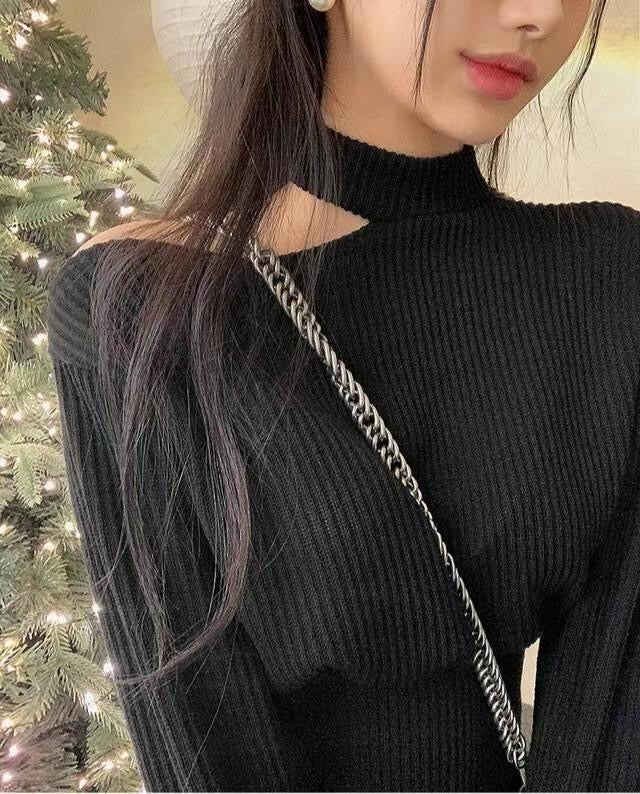 (KR) 小露肩直紋連身短裙|兩色入