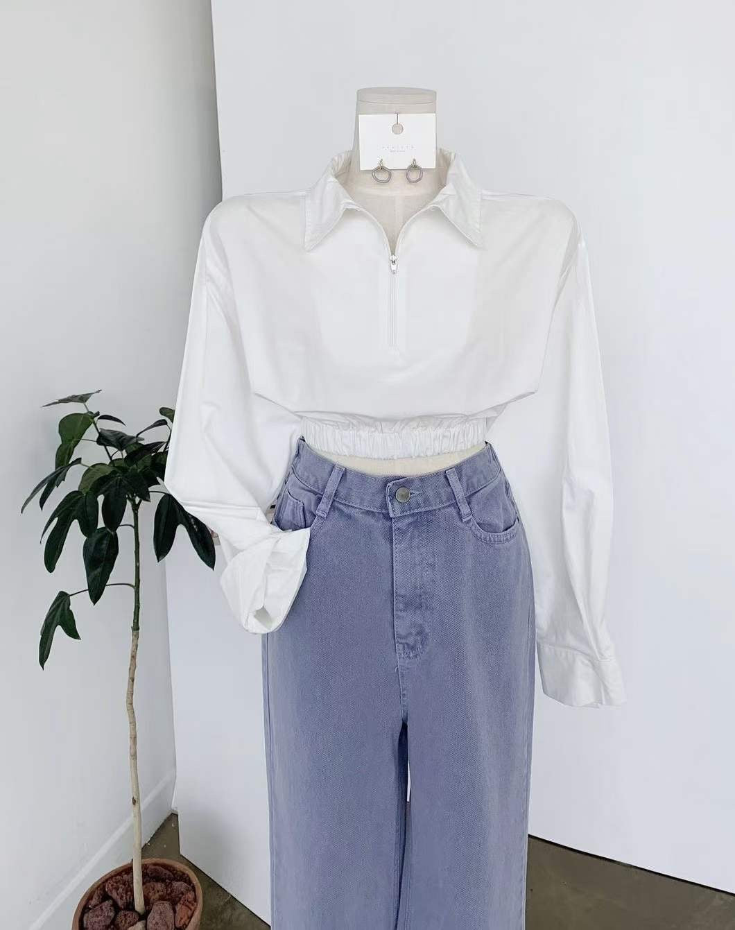 T07 裇衫料速腰上衣( 黑/白 )