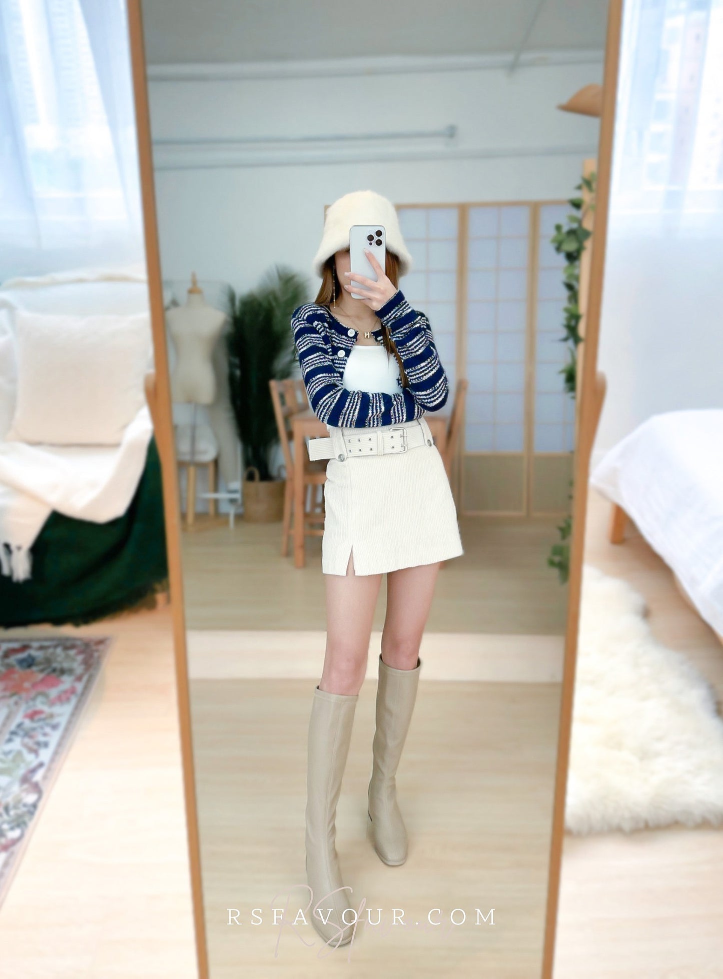 (KR) 橫間針織短外套|深藍色