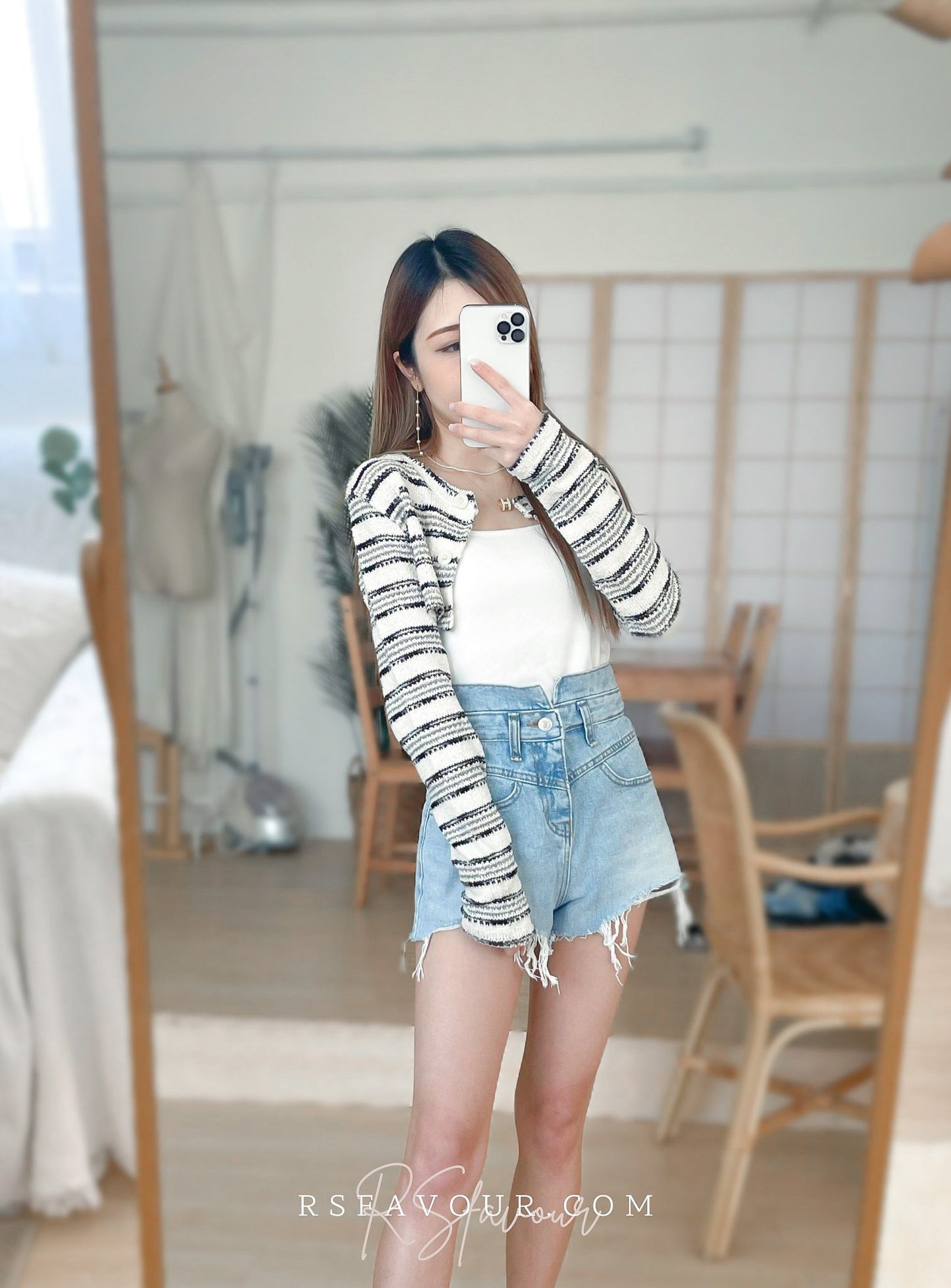 (KR) 橫間針織短外套|冰川白