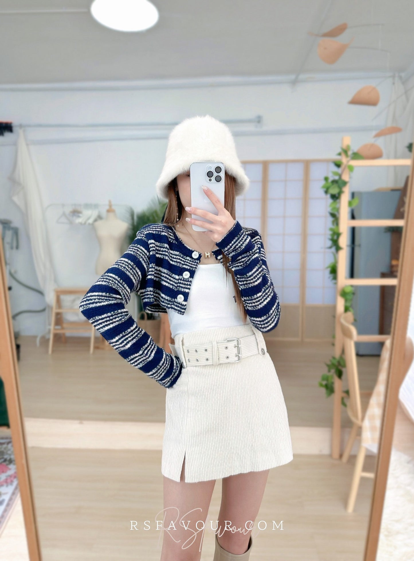 (KR) 橫間針織短外套|深藍色