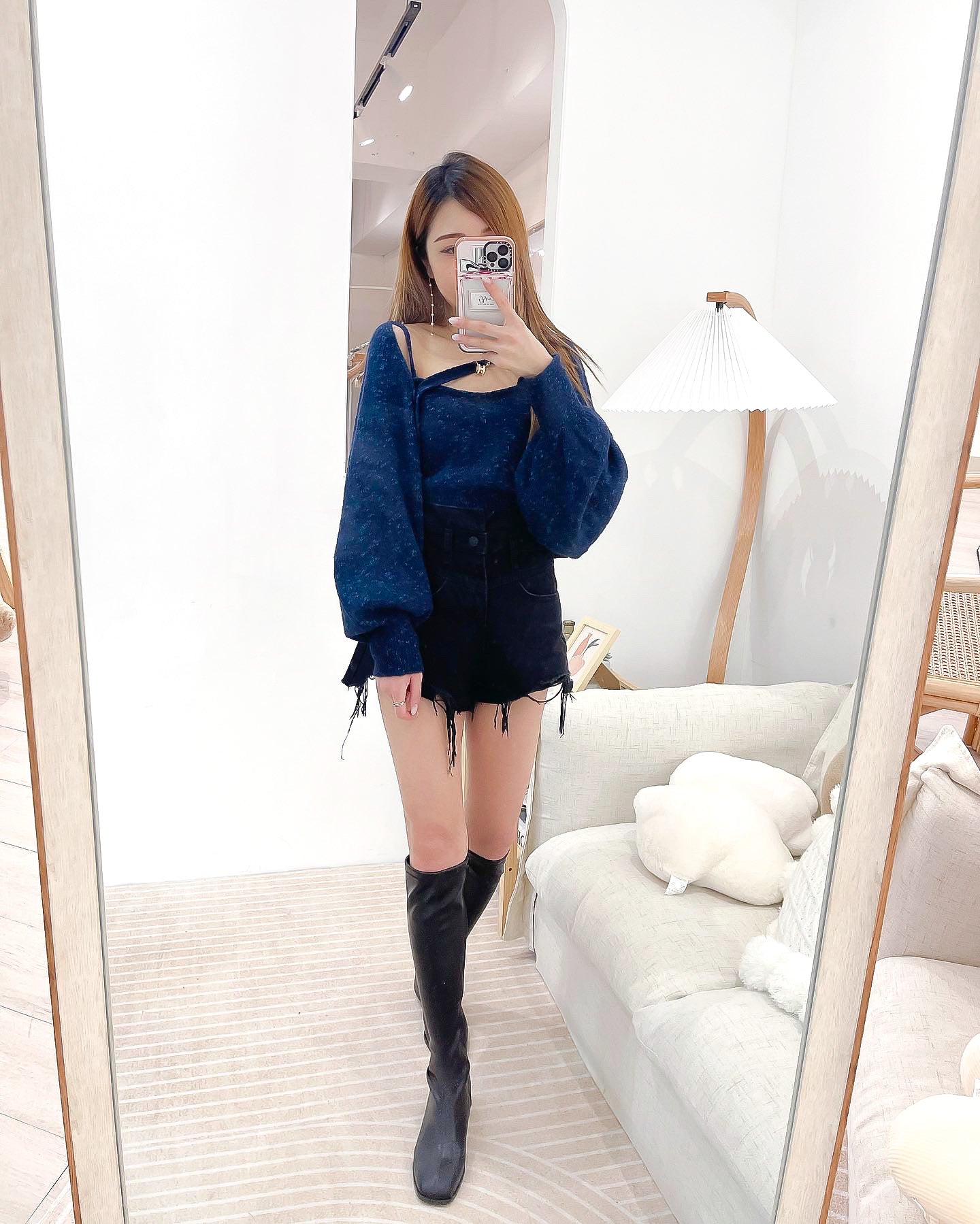 T32 混冷吊帶背心+泡泡袖斜帶JK套裝 ( 藍 )