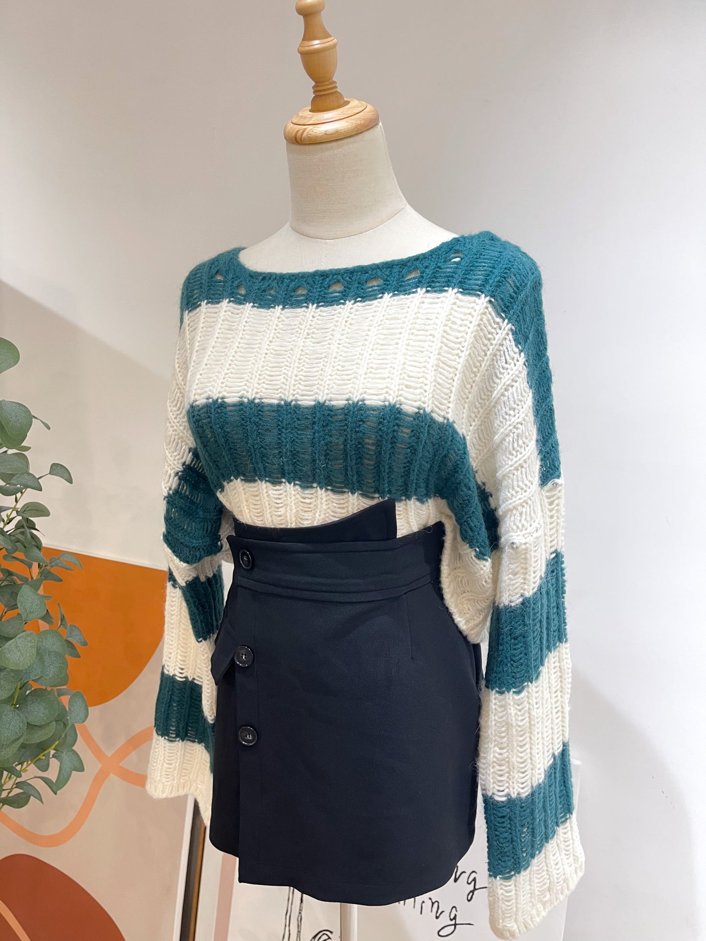 (KR) 橫間針織冷衫|深綠色