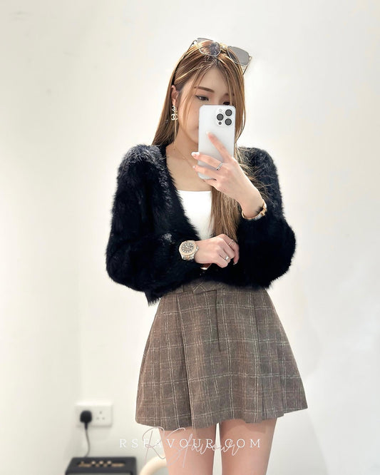 (KR) 超滑身垂感毛毛拼金鈕短外套|四色入