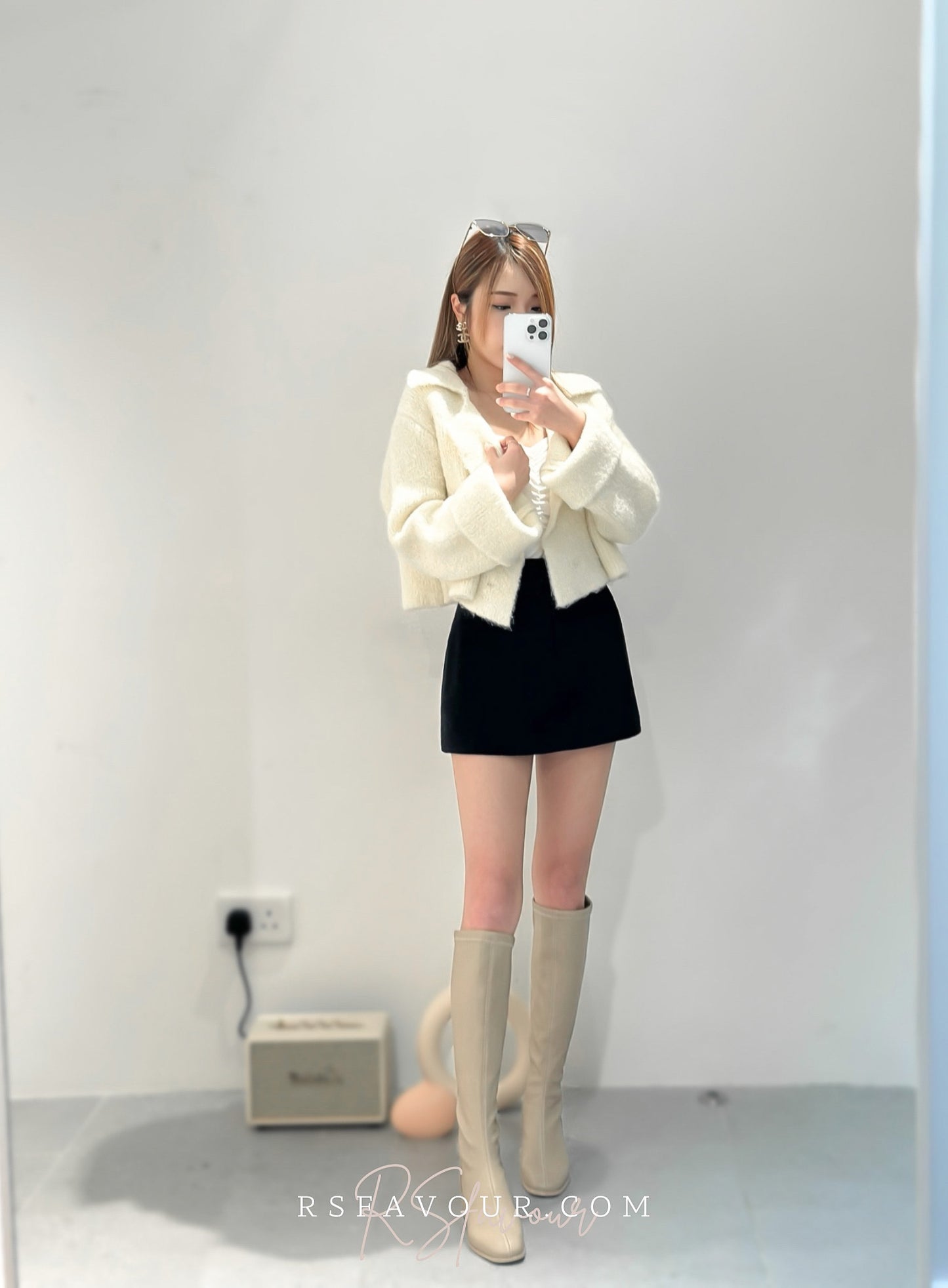 (KR) 珠冷軟綿綿反領短外套|象牙白