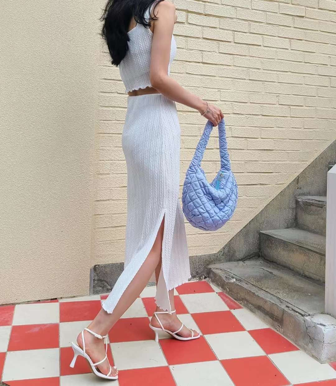 P03 暗扭紋方領背心+半截長裙套裝|兩色入