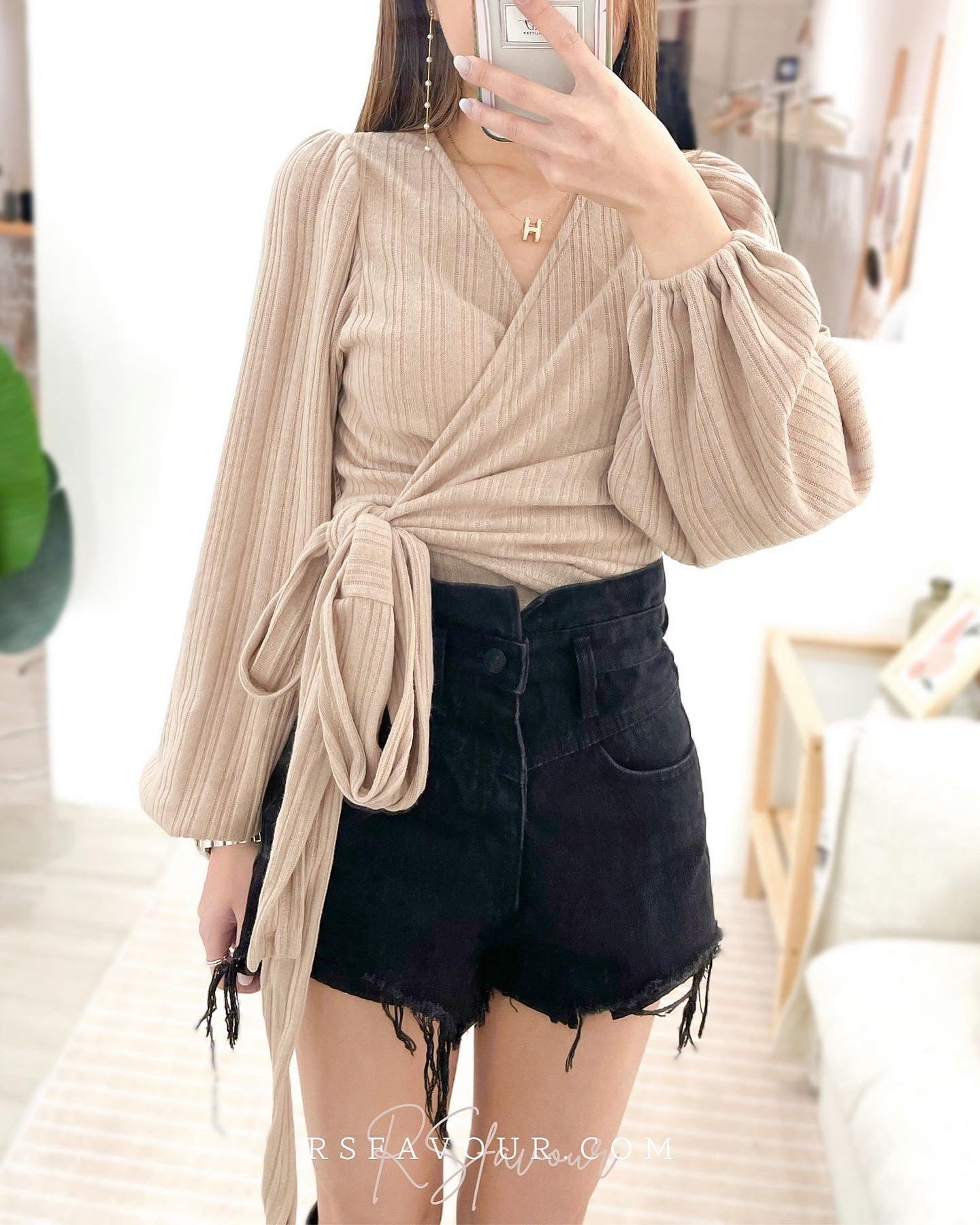 (KR) 間直紋V領綁腰上衣|大地啡