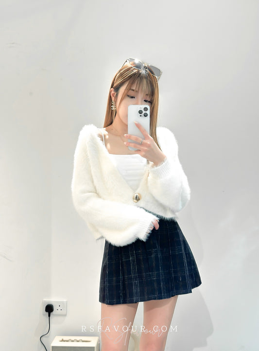 (KR) 超滑身垂感毛毛拼金鈕短外套|四色入