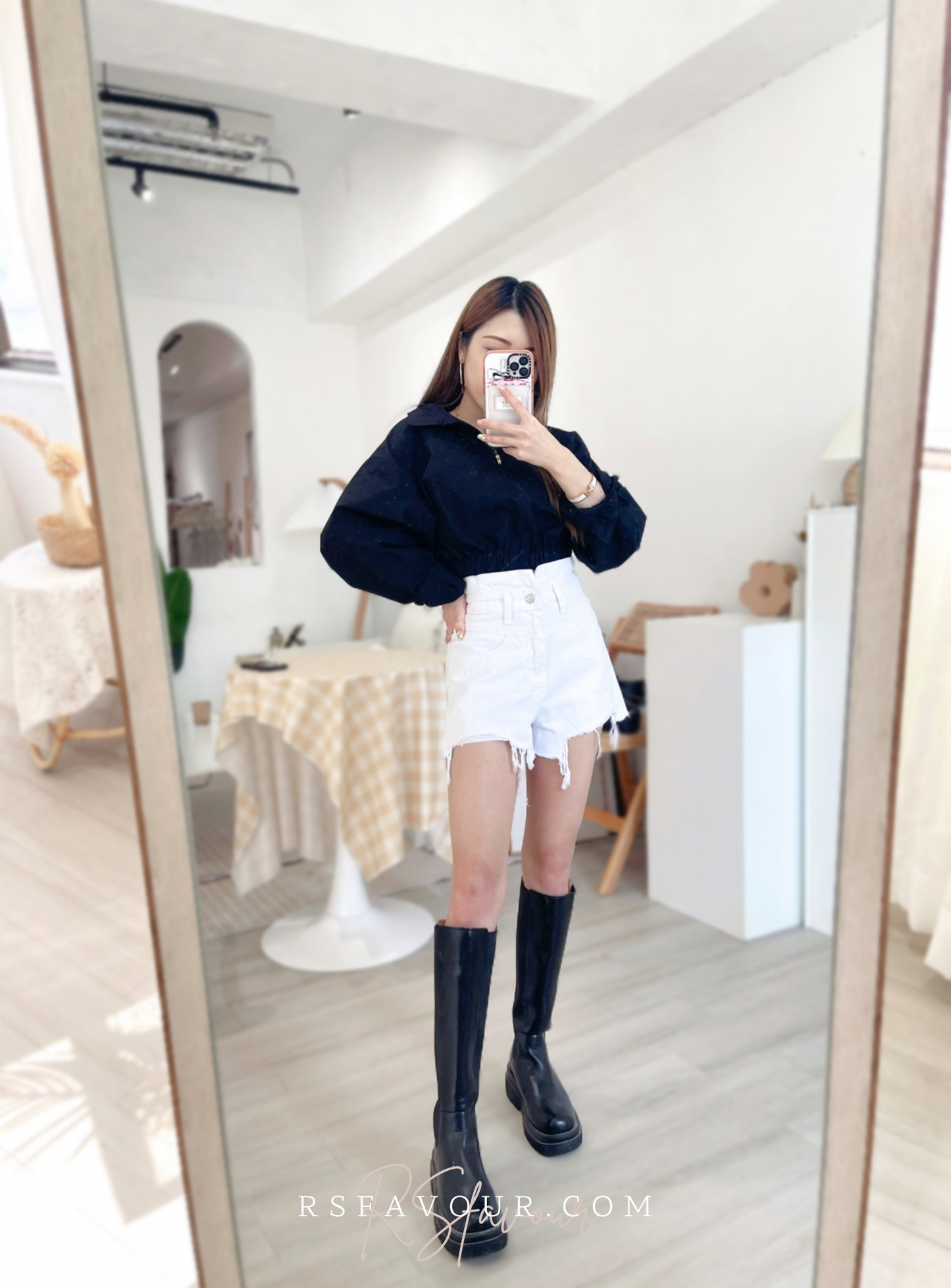 T07 裇衫料速腰上衣( 黑/白 )