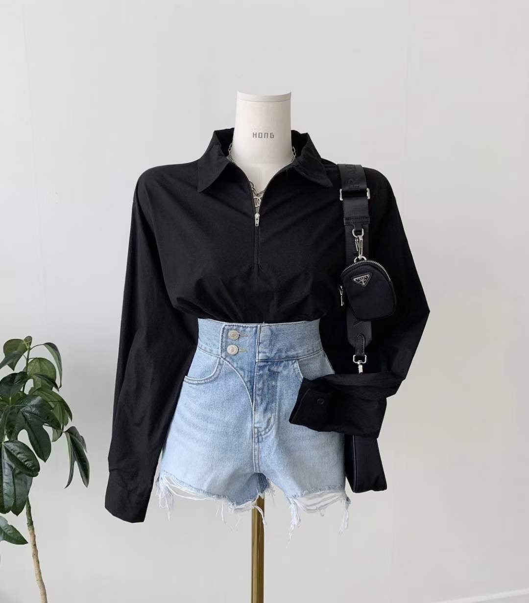 T07 裇衫料速腰上衣( 黑/白 )